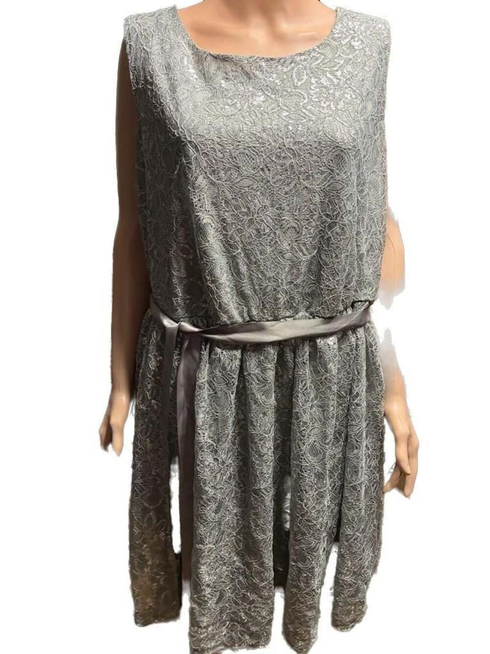 Haani Woman Style 8804X Silver Metallic Lace Sleeveless Midi Dress